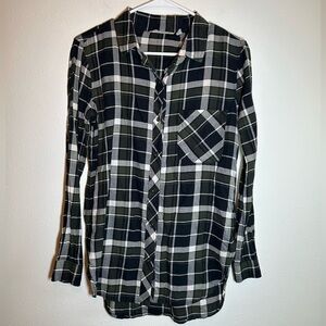 Athleta Plaid Button Down Tunic Top Women’s Sz S Cotton Green Black Grunge Indie